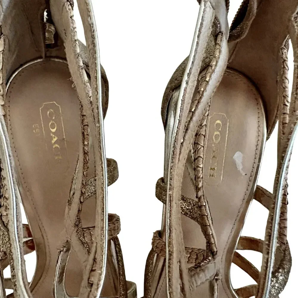 COACH Lancaster Metallic Leather Strappy Cage Gladiator Heel Sandals Luxury 9